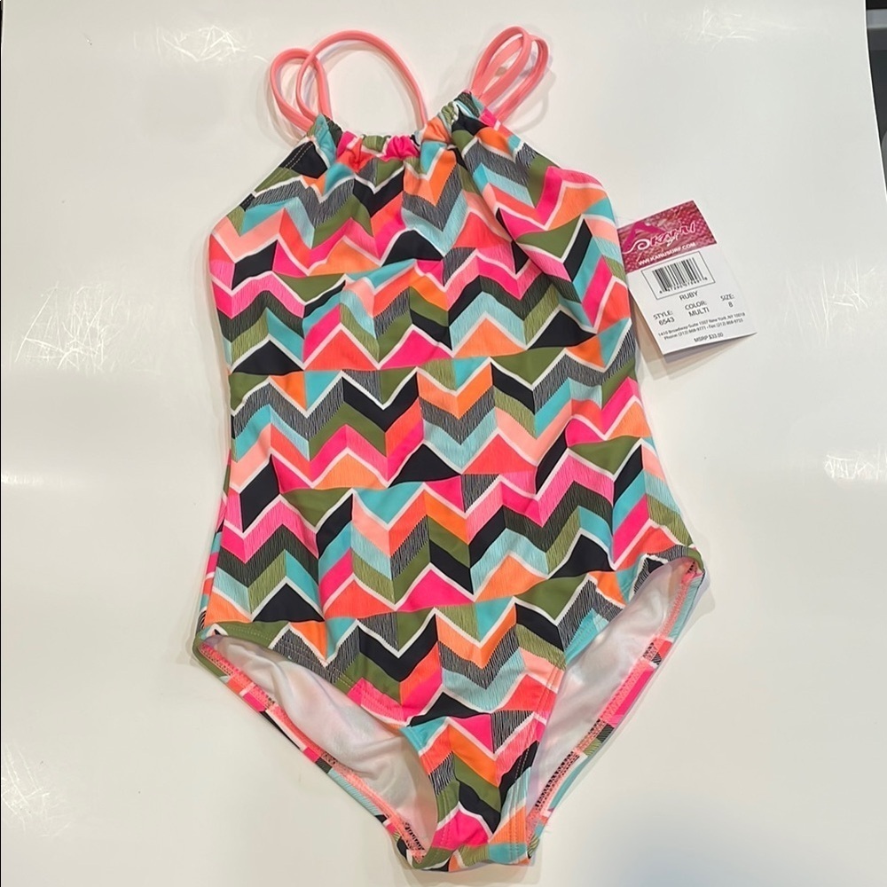 Kanu Surf Pink and Orange One Piece Swimsuit Chevron Pattern
